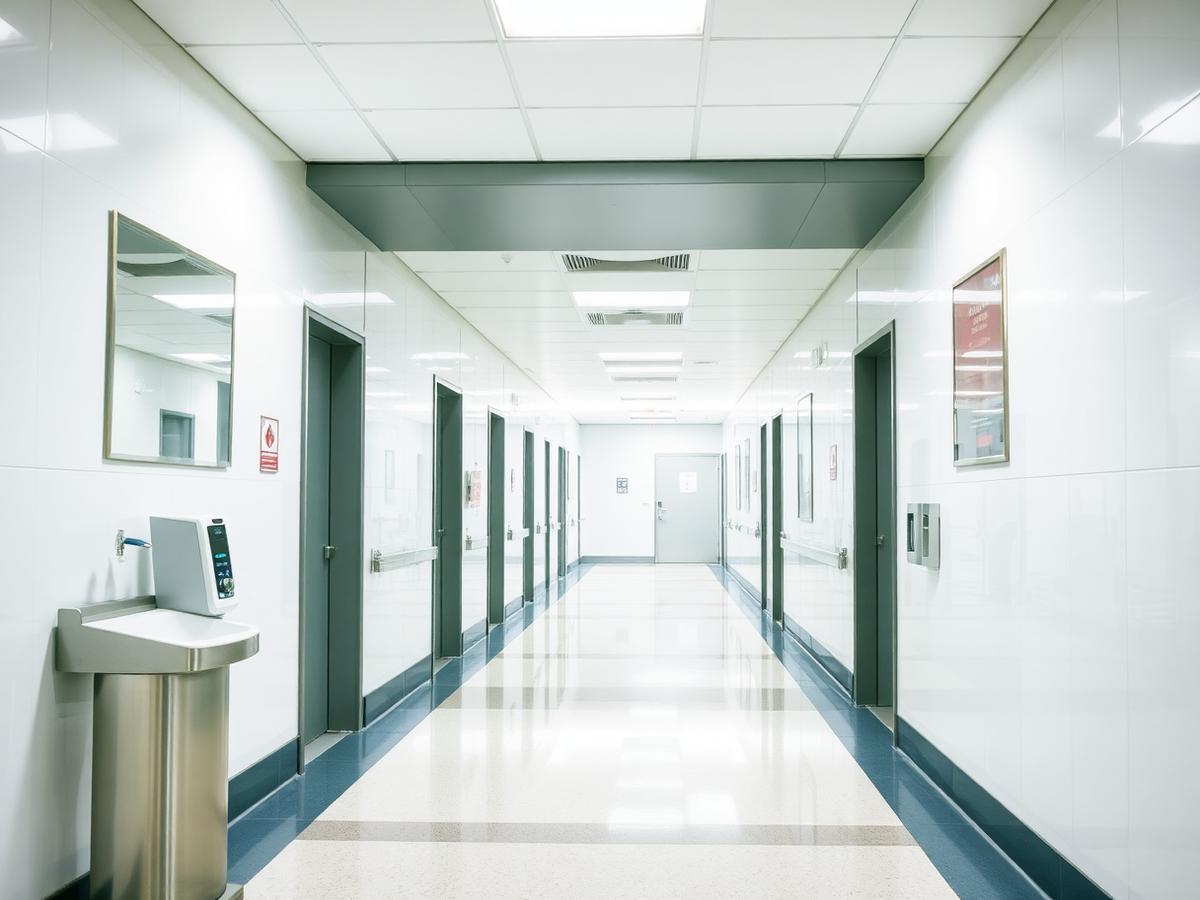 Clinical corridor with a stainless steel sanitising station