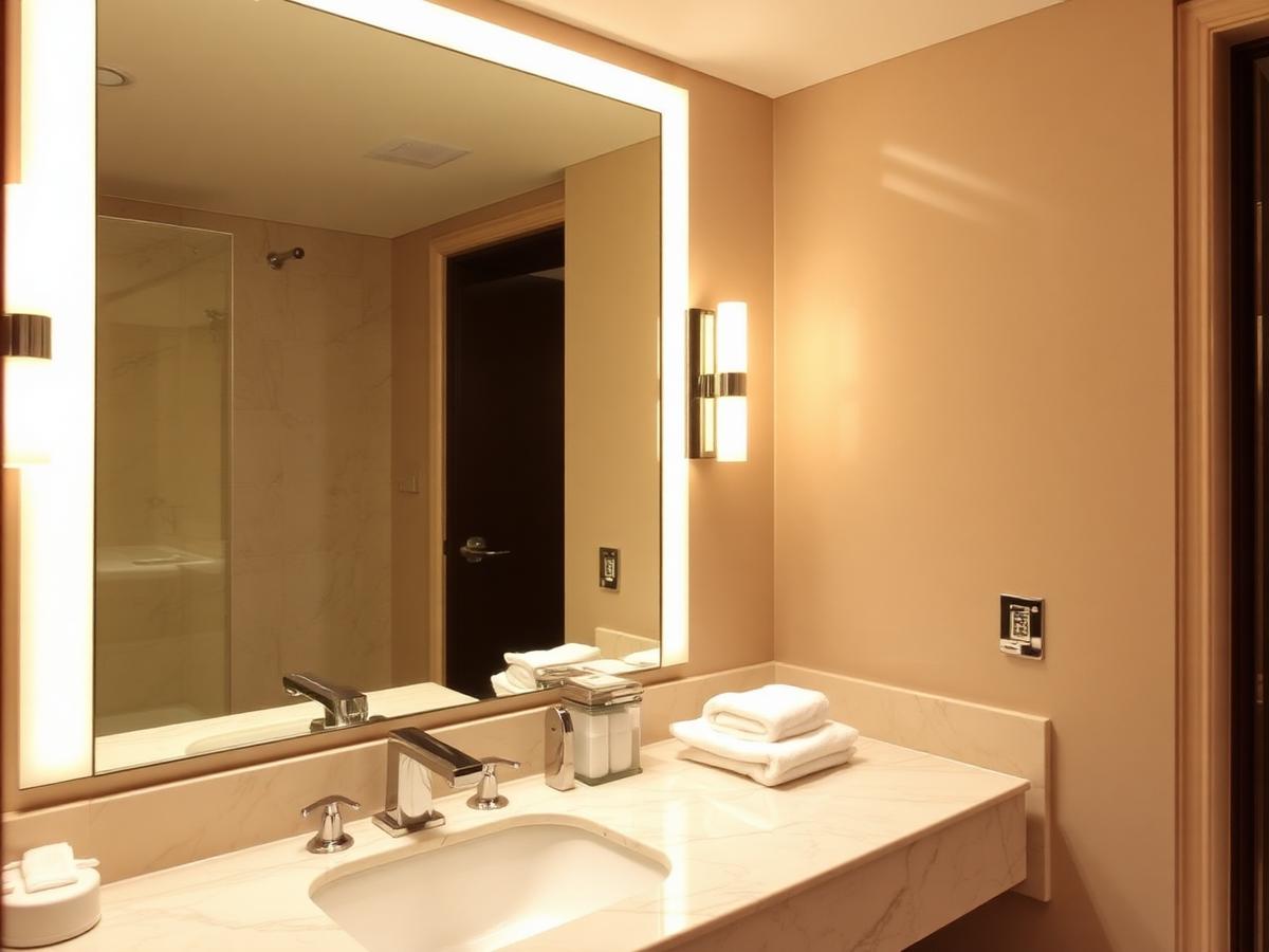 Hotel washroom vanity with chrome dispensers and folded towels